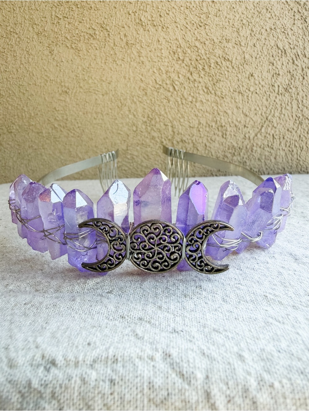 Handmade Purple Crystal Triple Moon Fairy Crown Witch Festival Tiara Headpiece
